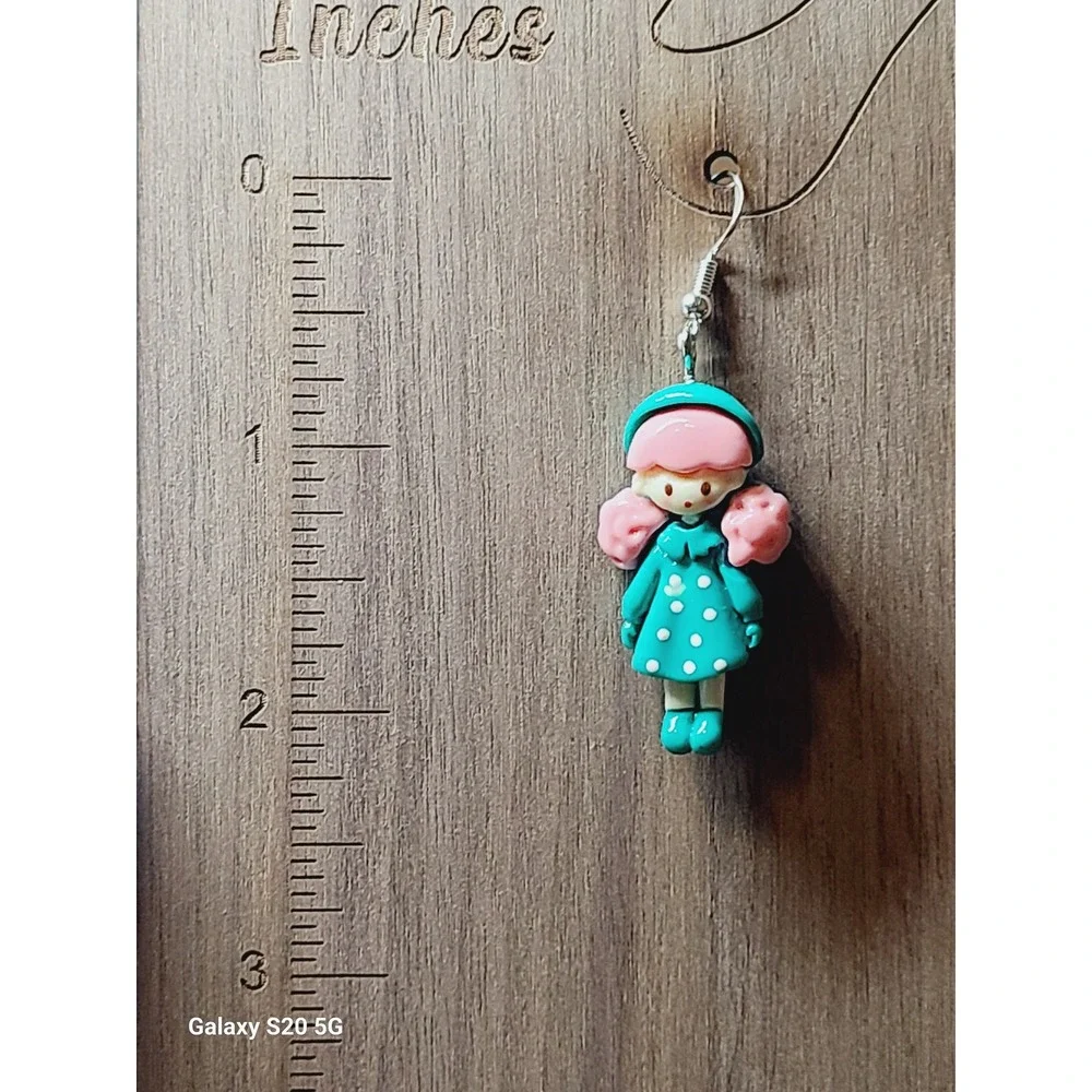 Handmade Teal Pink Doll Girl Drop Earrings Polka Dot‎ Dress Resin Jewelry